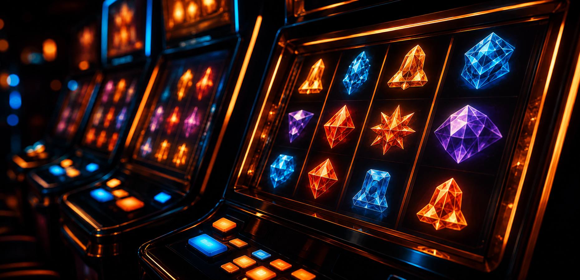Close-up of slot machine screens with colourful reel symbols